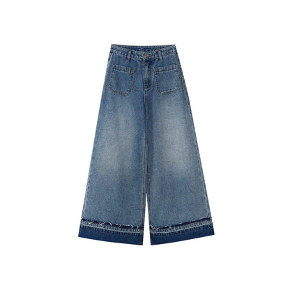 Washed light blue crimped woolen straight jeans