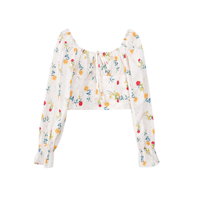 Fashion Slim Flared Sleeve Floral Short Top