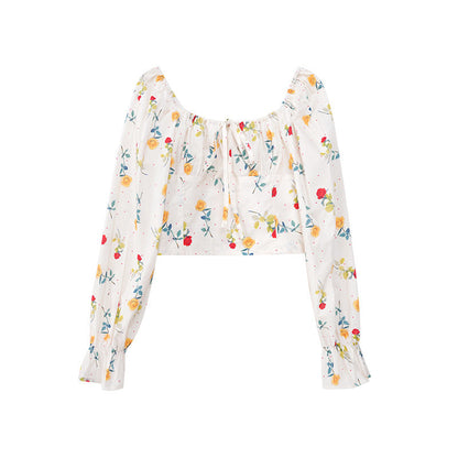 Fashion Slim Flared Sleeve Floral Short Top