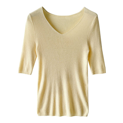 Soft and glutinous skin-friendly wool gentle style V-neck knitted sweater women's spring slim three-quarter sleeve T-shirt