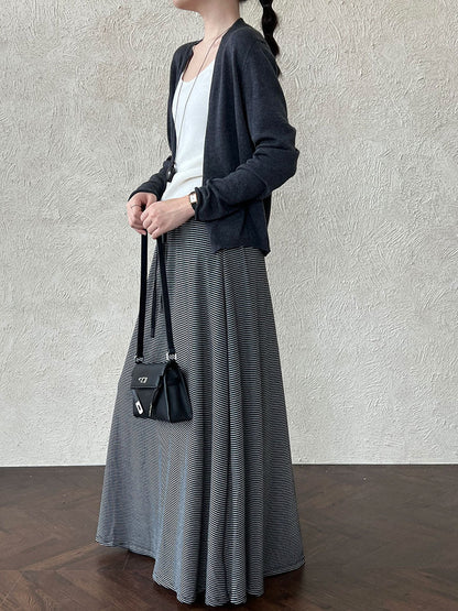 Korean lazy wind drawstring pinstriped skirt autumn new drape high waist thin dress