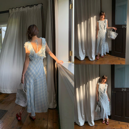 French sweet and cute plaid waist ruffle edge fishtail dress