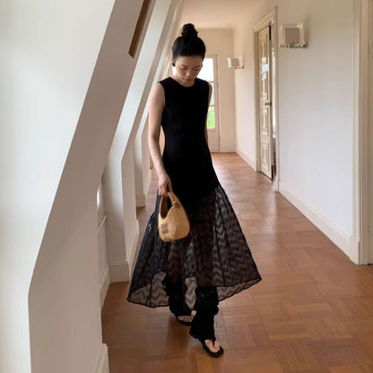 High Waist Lace Hem Fishtail Sleeveless Maxi Dress