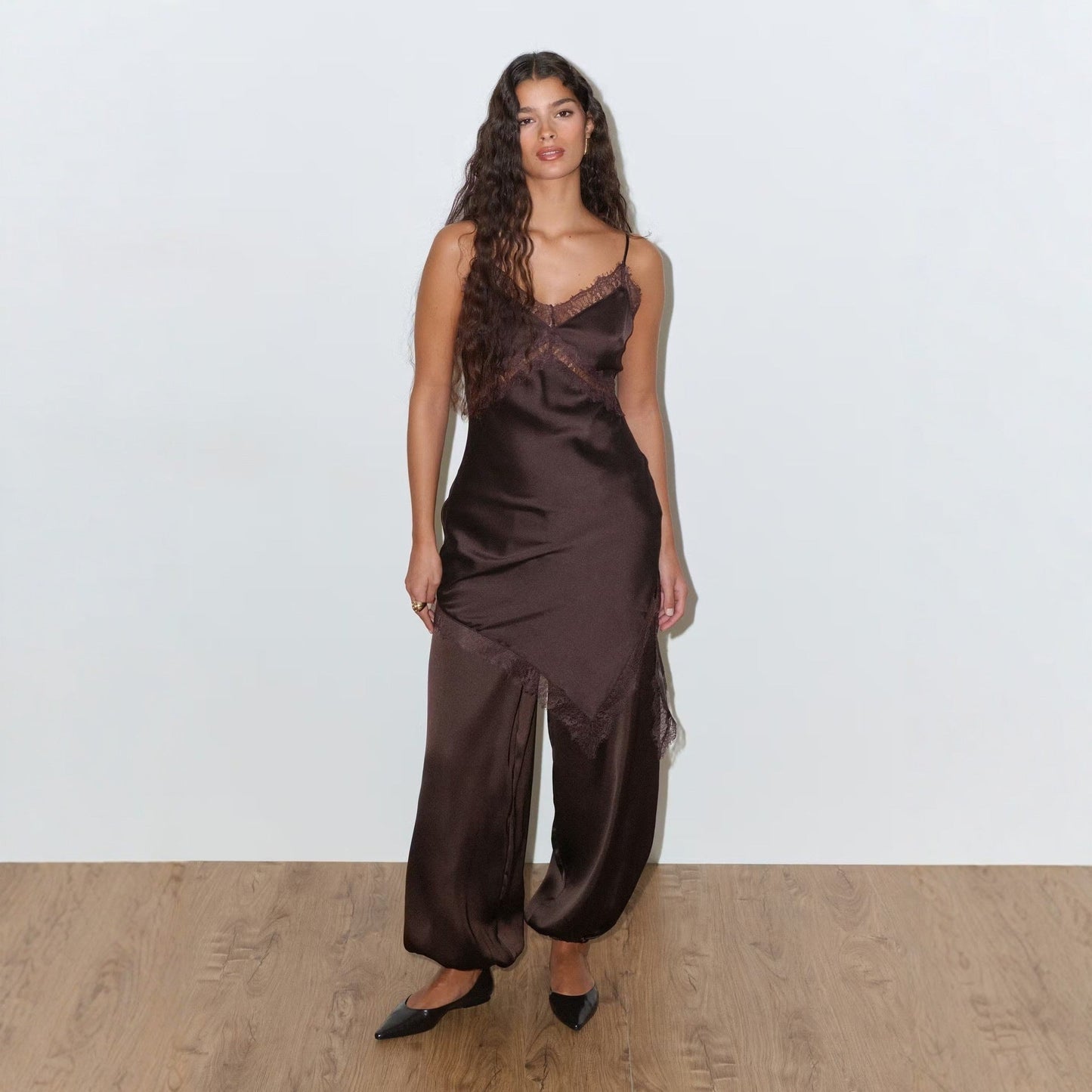 Fashion Satin Lace Asymmetrical Split Suspender Skirt
