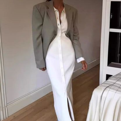 Shirt skirt lapel shirt long dress long sleeve waist temperament commuter cardigan skirt