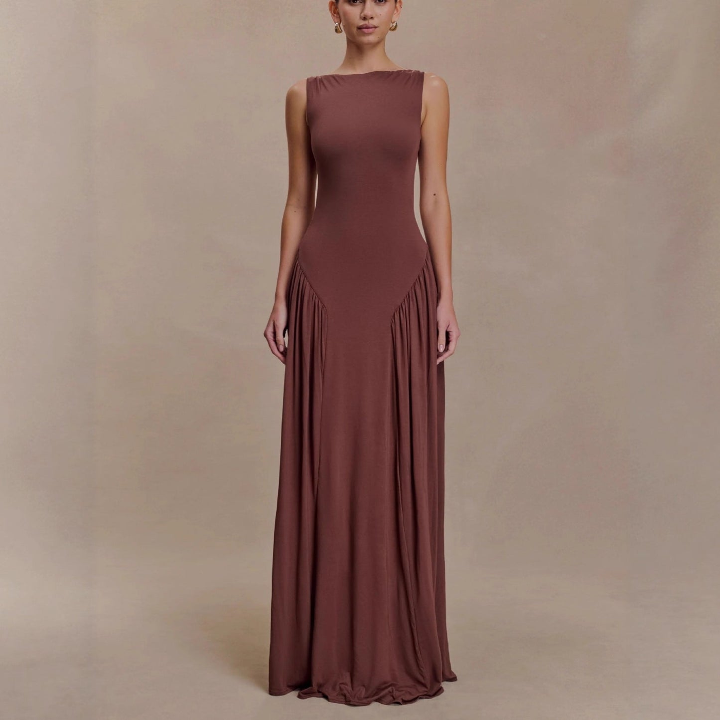 Fashion pleated hollow vest long dress slim-fitting backless sexy one-word neck dress