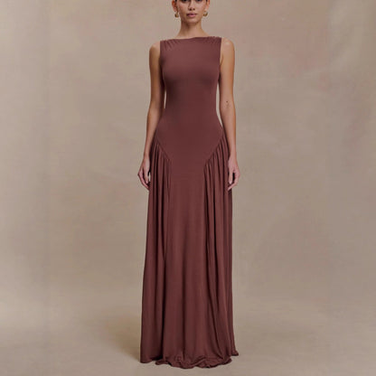 Fashion pleated hollow vest long dress slim-fitting backless sexy one-word neck dress
