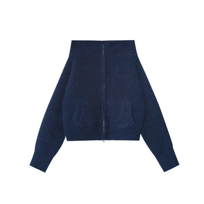 Zipper knitted cardigan one-word shoulder sweater