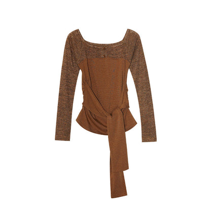French literary and retro one-word shoulder lace-up long-sleeved splicing knitted sweater