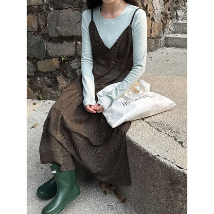 Retro polka dot perspective stacked vest skirt women's 26 early spring new niche lazy wind suspender skirt