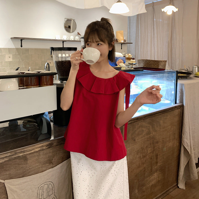 Women's Ruffle Lotus-Leaf Collar Lace-Up Sleeveless Cotton Top