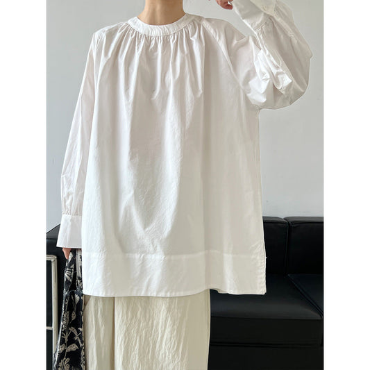 ins Korean loose and lazy basic round neck pleated shoulder sleeves medium and long sunscreen shirt