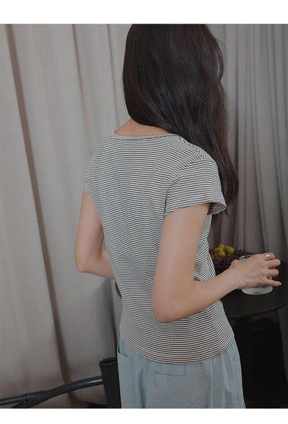 V-mouth round neck small flying sleeves skin-friendly short-sleeved T-shirt women's top