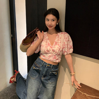 French sweet v-neck lace-up waist floral shirt