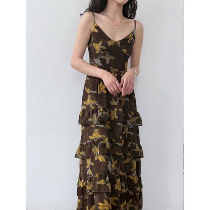 French elegant blended floral V-neck sundress women's summer new waist lace sundress