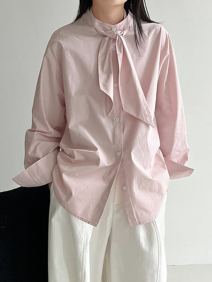 Korean design sense tie solid color shirt women's new temperament loose casual shirt