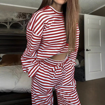Striped Casual Two-Piece Set Women Long Sleeve Top High Waist Pants