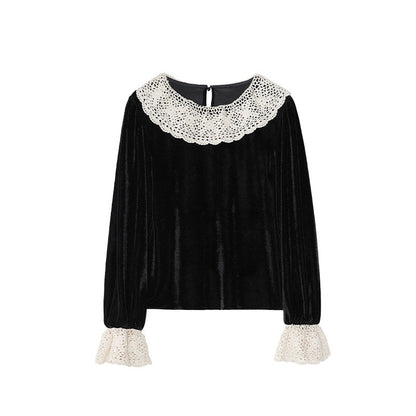 Gentle Wind Lace Splicing Long Sleeve Velvet Shirt