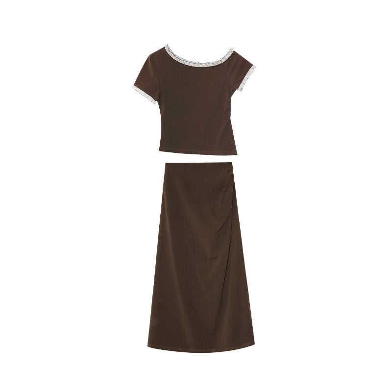 Pleated Skirt Slash Shoulder T-Shirt Two-piece Set