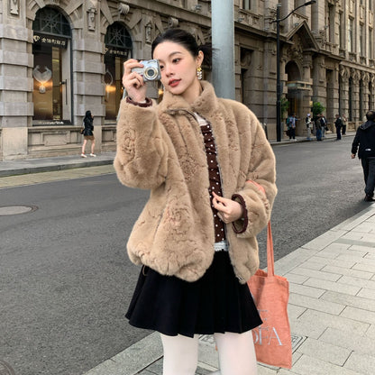 Fur integrated thermal stand-up collar plush short jacket