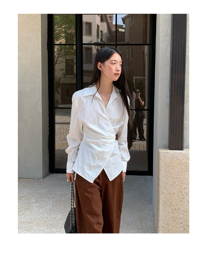 Temperament diagonal placket waist long-sleeved lapel shirt