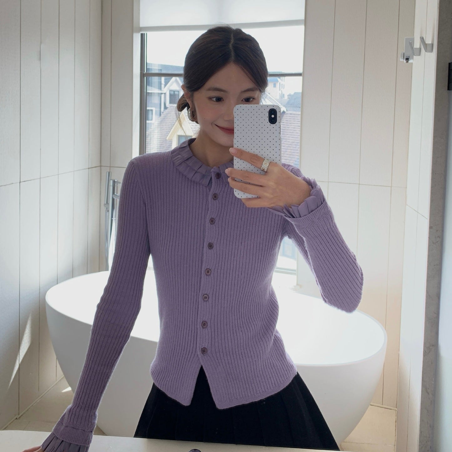 Sweet age-reducing pit strip fungus edge knitted cardigan sweater
