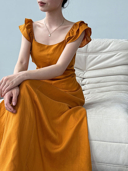 French small flying sleeve temperament dress summer new back hollow waist thin vest skirt