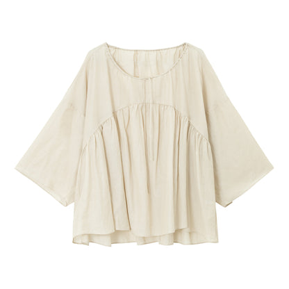 Pleated Tencel Long Sleeve Loose Pullover Shirt