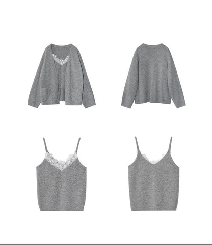 Lazy and gentle two-piece lace vest knitted sweater set