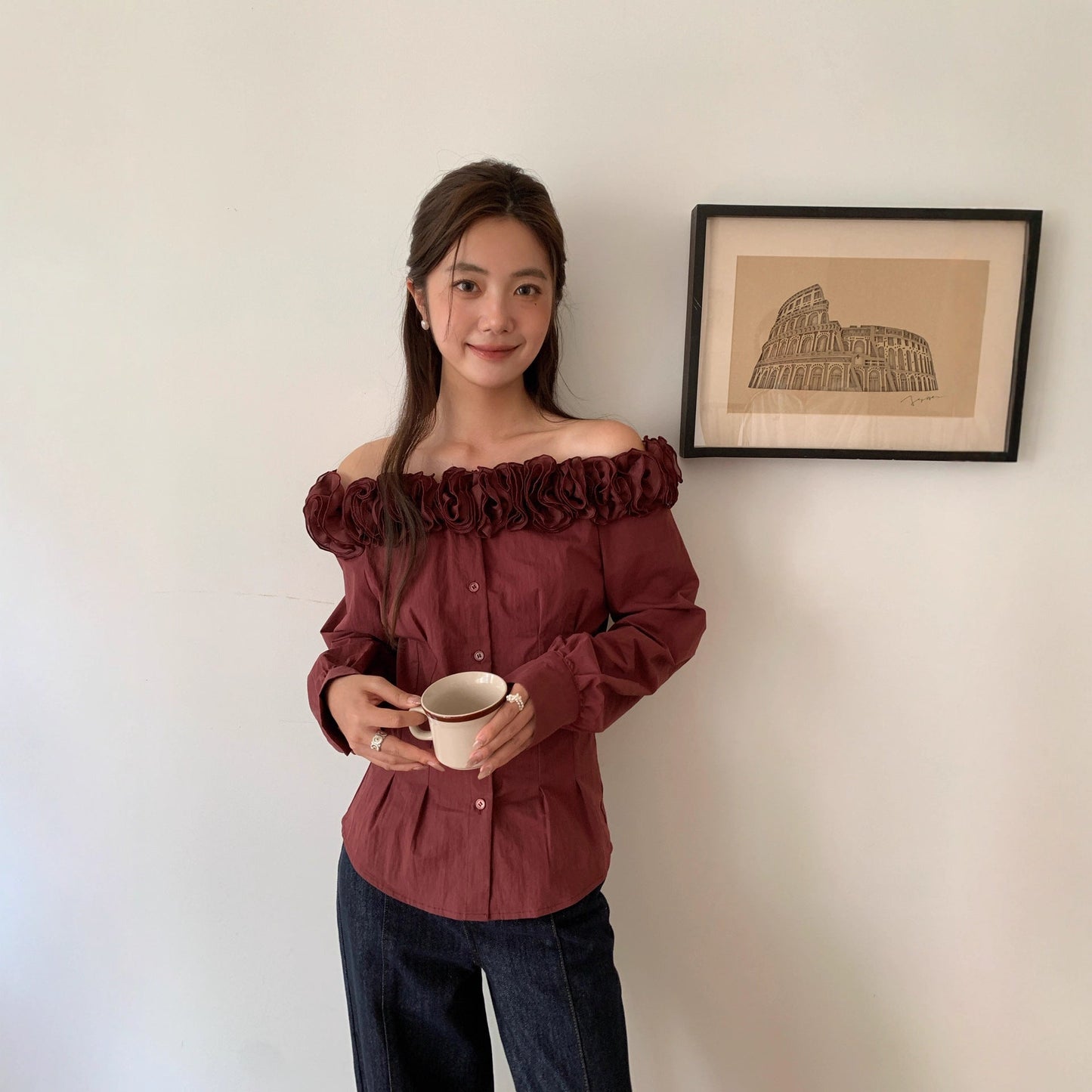 Autumn French Chic Heavy Industry Flower Pinch Pleated Waist Shoulder Shirt