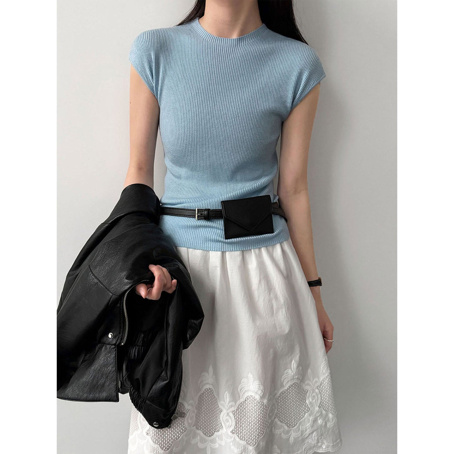 Simple slim temperament flying sleeves wool knitted top women's 26 spring new versatile T-shirt