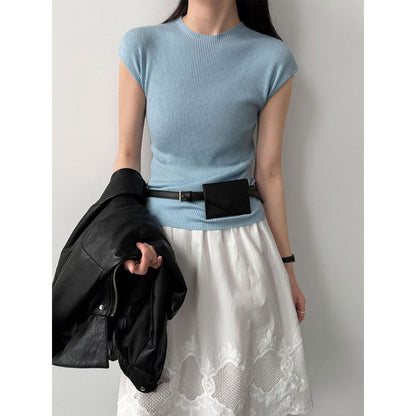 Simple slim temperament flying sleeves wool knitted top women's 26 spring new versatile T-shirt