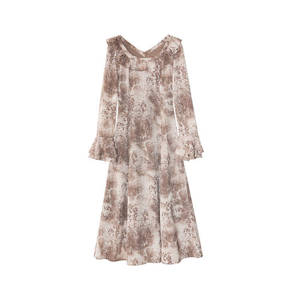 Women's Floral Print Ruffle Collar Flared Sleeve High-Waist Maxi Dress
