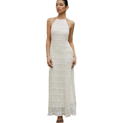 Women's pleated lace sexy halter neck holiday casual suspender dress