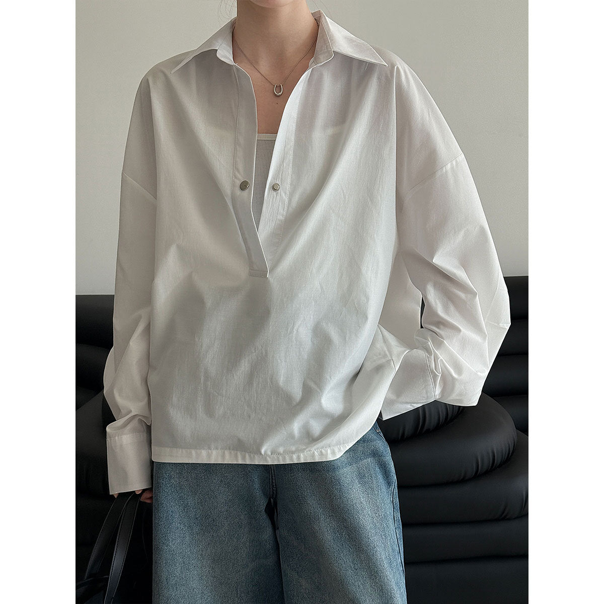 Korean design sense silhouette loose lazy style shirt women's 26 early spring casual versatile shirt top