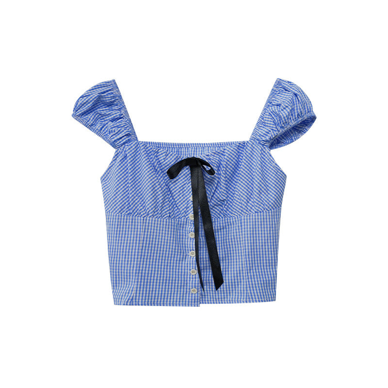 Plaid Backless Bubble Sleeve Top