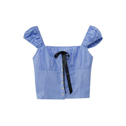 Plaid Backless Bubble Sleeve Top