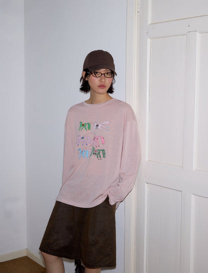 Flax mulberry silk pony print embroidered T-shirt