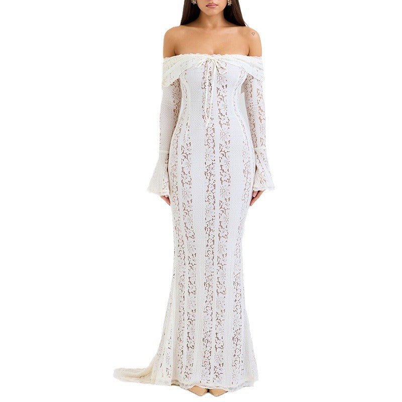 New sexy one-word shoulder lace dress temperament tube top long dress slim fishtail dress