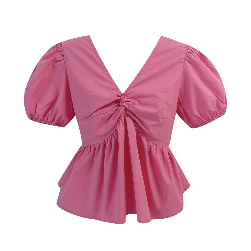 Summer French sweet waist and age-reducing V-neck thin shirt