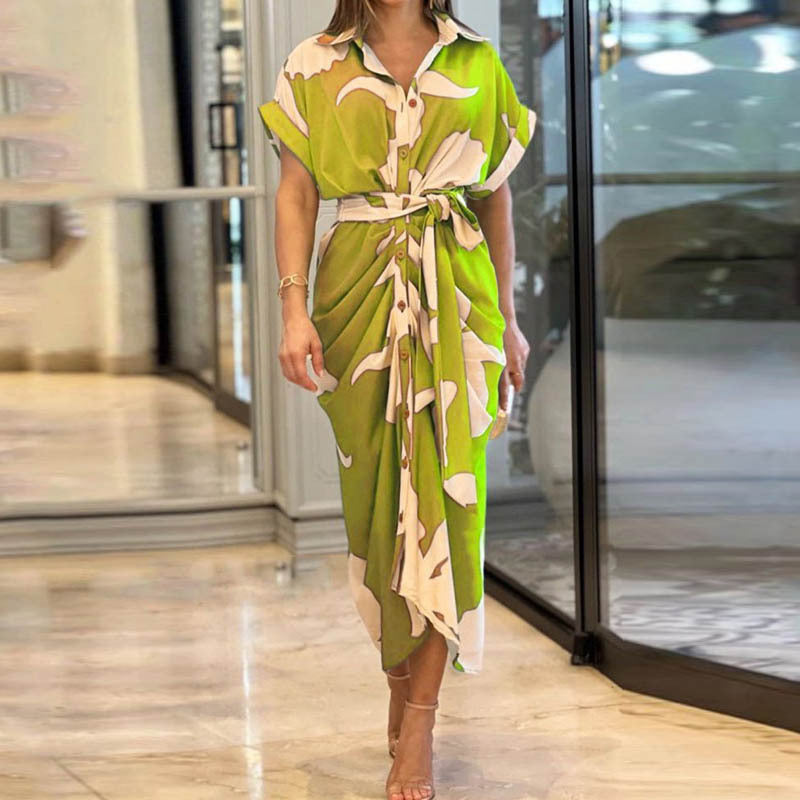 Elegant Lapel Collar Printed High-Waist Maxi Dress