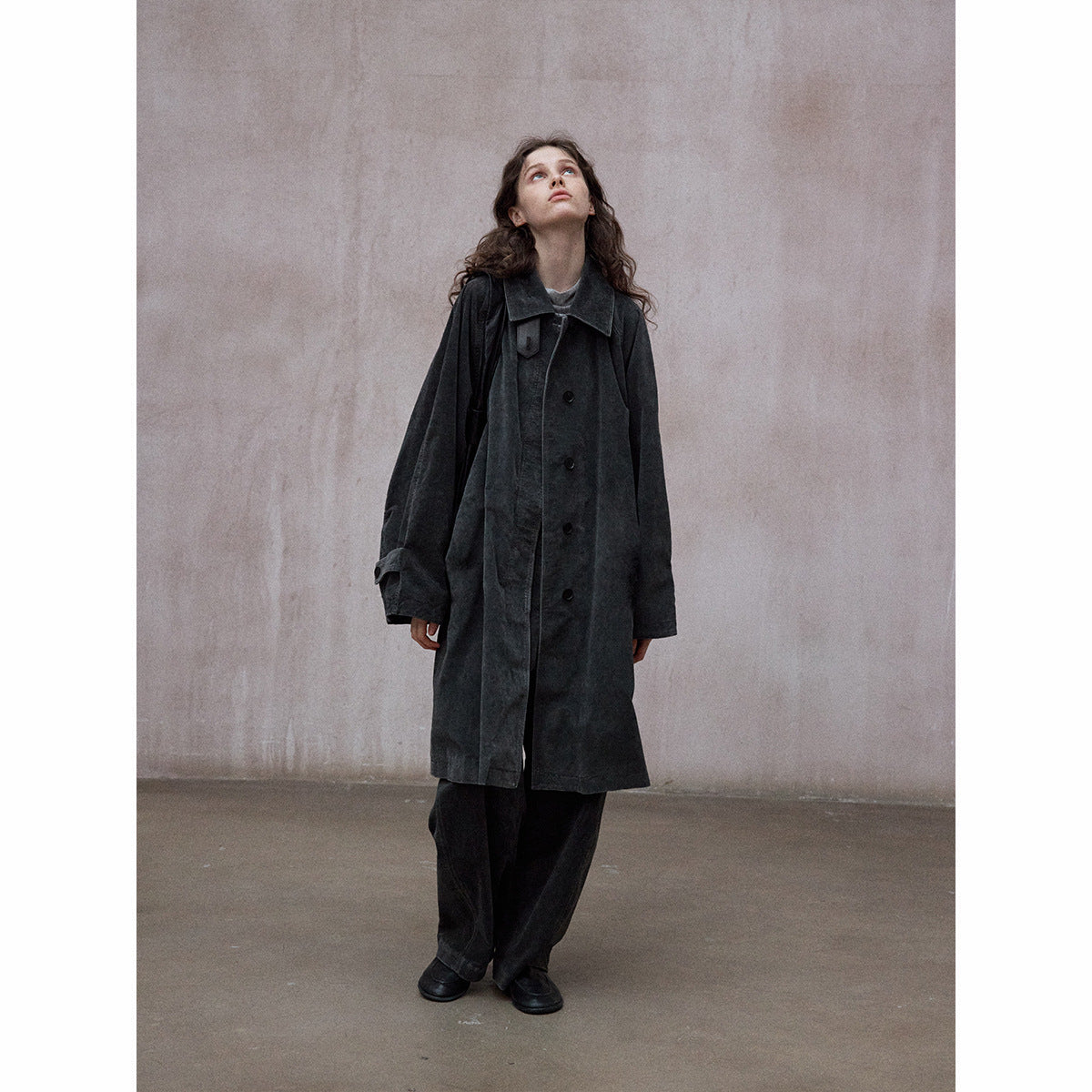 Pure handmade dirty dyed velvet washing process retro small square neck silhouette trench coat