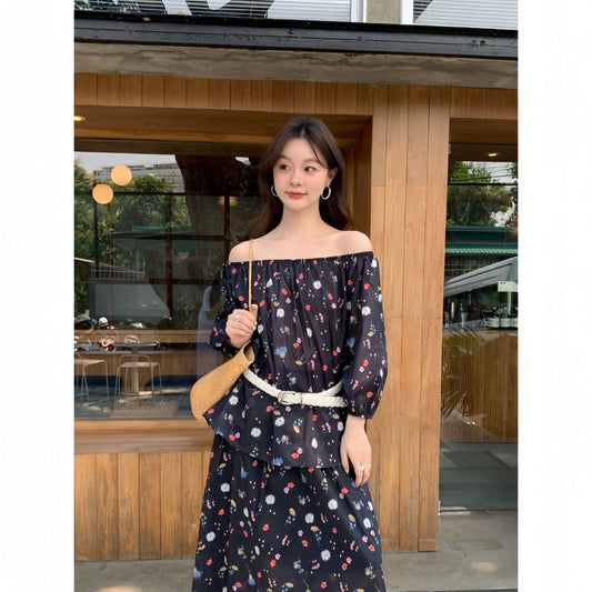 Japanese Floral Off-Shoulder Chiffon Top