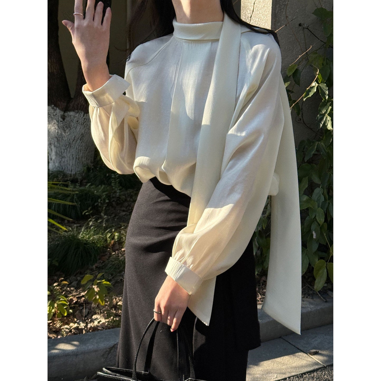 French gentle stand-up collar streamer long-sleeved shirt women's early spring new temperament versatile shirt