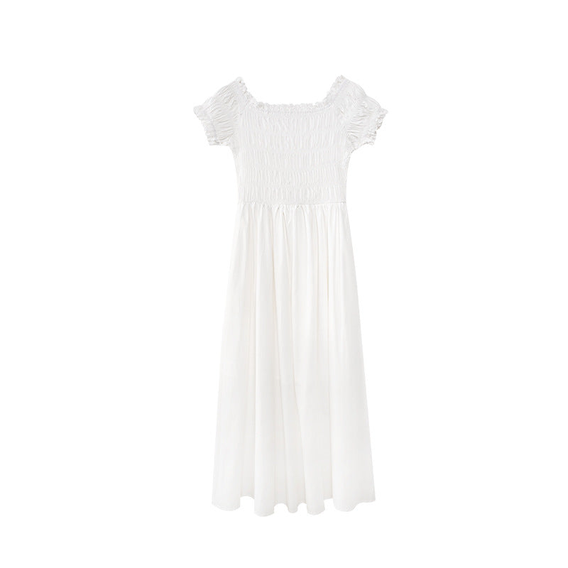 Women's Off-Shoulder Square Collar High-Waist Pleated A-Line Maxi Dress