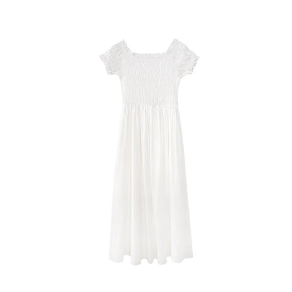 Women's Off-Shoulder Square Collar High-Waist Pleated A-Line Maxi Dress