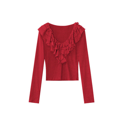 Sweet wind age-reducing ruffle edge slim-fitting long-sleeved bottoming shirt