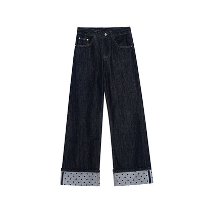 Versatile polyester cotton straight jeans women's curled design trousers