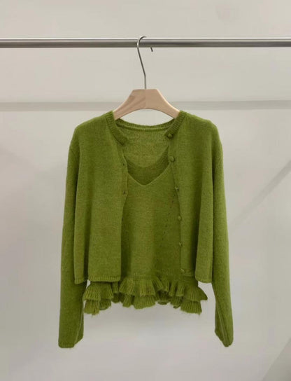 Lotus leaf edge solid color skin-friendly knitted cardigan suspender vest two-piece set