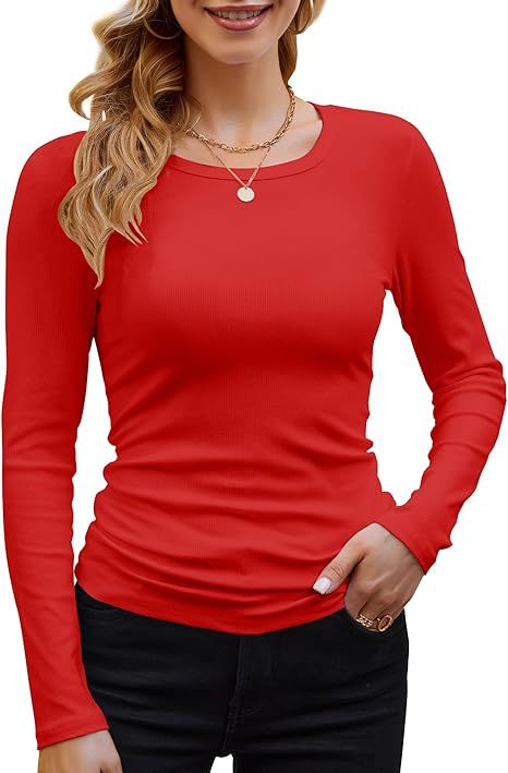 Ribbed Cotton Long Sleeve T-Shirt Women Solid Color Round Neck Slim Fit
